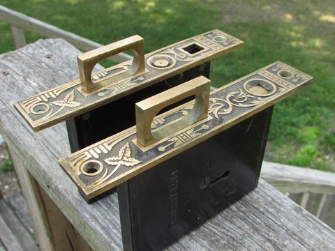 Antique EASTLAKE Brass MORTISE Locks with Pushbutton DOOR PULLS - Nice PAIR !!! Cover