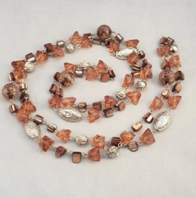 Dyed Brown Abalone Lucite Mixed Beaded Silver Tone Flower Themed Strand Necklace - Image 1 of 4