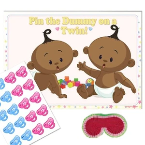 TWIN BABY SHOWER GAME - Ethnic Pin the Dummy & Blindfold Unisex Neutral 10 - 40 - Foto 1 di 9