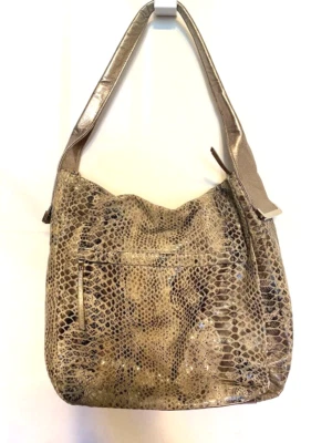 Elliot Lucca ~ Bolso de Hombro de Cuero Estampado de Piel de Serpiente Beige Marrón Gris Hobo Foto 1 de 4