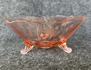 Vtg 3 Footed Lancaster Jubilee Pink Depression Glass Floral Etched Bowl 1930's - Picture 1 of 24