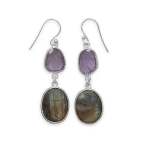 Amethyst and Labradorite Earrings Long Dangle Sterling Silver Freeform Shapes - Picture 1 of 1