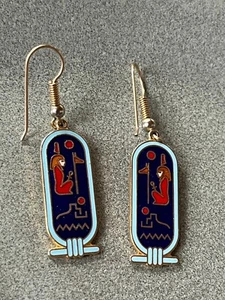 ERM Signed Light & Cobalt Blue Enamel w Red & Goldtone Hieroglyphic Dangle Earri - Picture 1 of 7