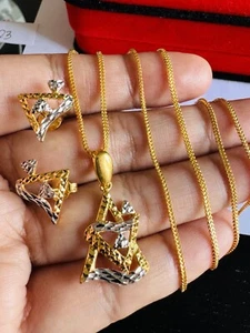 Solid New 22C 916 Real Gold Dubai Triangle Shape Earring Necklace 20” Long 10.2g - Picture 1 of 23