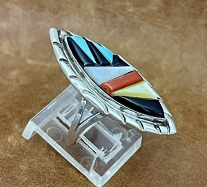 Indianer Zuni "Leslie & Gladys Lamy" Multi Stein Inlay 925 Sterling Ring Größe 7 - Bild 1 von 16