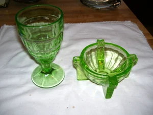 Pair Green Depression Glass Ashtray & Cubist? Goblet - Picture 1 of 3