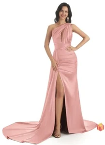 NEW Elegant One Shoulder Satin Side Slit Mermaid Bridesmaid/Prom Dress - Picture 1 of 9
