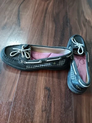 Women's Sperry Top-Sider Leather Slip On Boat Shoes Sz 7M Black Check - Image 1 of 4