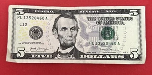 Fancy $5 Dollar Bill Serial Number PL 13520460 A, Broken Ladder 7of 8 2017A - Picture 1 of 4