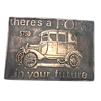 Vintage Copper Tone Ford Model T Advertising $750 Large Cowboy Belt Buckle - Image 1 of 4