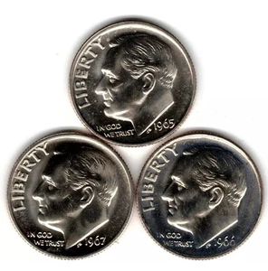 1965, 1966, 1967 SMS Clad ROOSEVELT DIMES IN BU CONDITION ~ 3 COINS  🇺🇸  - Picture 1 of 2