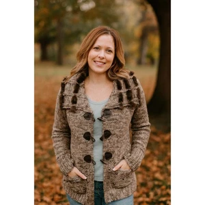 Artex Fashions Womens M Cardigan Sweater Brown Knit Toggle Fur Collar Studded - Picture 1 of 11