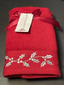 Christmas Red Hand Towels Set of 2 Embroidered Silver Holly Berries 100% Cotton - Picture 1 of 13