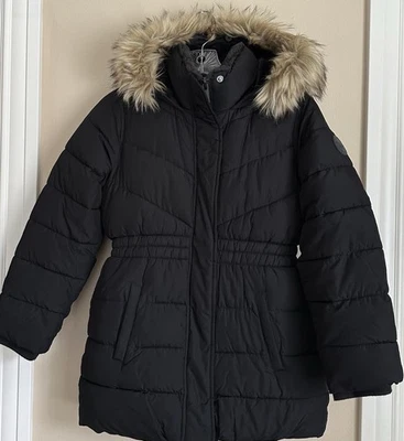 Abercrombie Kids Girl A & F Ultra Hooded Parka Jacket Puffer 9/10 Black Fur - Image 1 of 3