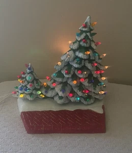 Vintage 1977 Double Ceramic Christmas Tree on Fireplace Mantle Light Up Decor - Picture 1 of 13