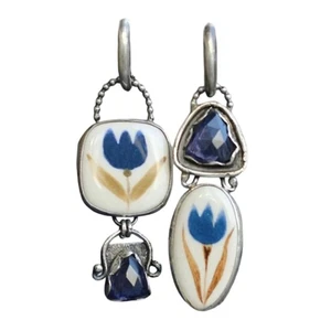 Geometric Blue Crystals Flower Earrings Enamel Coating Portable Elegant Gift - Bild 1 von 8