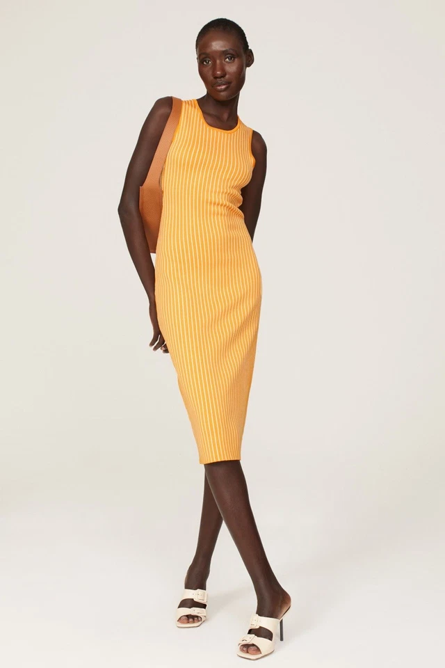 Vestido midi listrado elástico bainha de malha com nervuras Jason Wu casual gravidez, tamanho G - Imagem 1 de 4