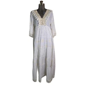 Boutique Italian Flowy Maxi Dress Boho Hippy Teired Embroidery White Bridal S/M - Picture 1 of 14