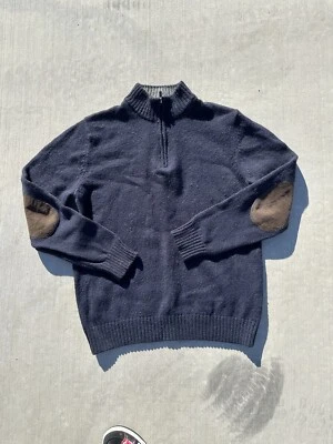 LL Bean Mens 1/4 Zip Wool Shetland Pullover Sweater Elbow Patches Blue Large Reg - Image 1 of 4