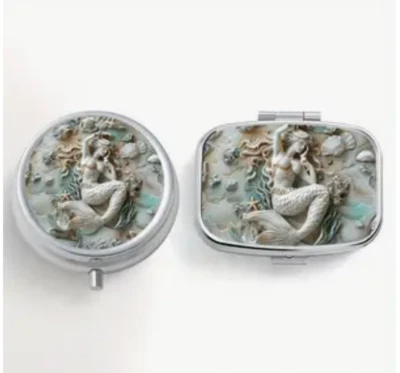 2 Metal Dreamy Mermaid Pill Boxes Medicine Vitamins Cannabis Stash case holder - Image 1 of 4