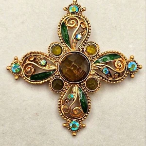 VINTAGE Brosche Anstecknadel bunte Strass goldfarben Malteserkreuz - Bild 1 von 5