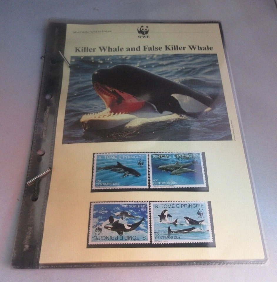 Hojas informativas de ballena asesina de WWF estampillas exclusivas de Santo Tomé y FDC Foto 1 de 4