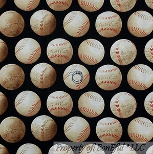 BonEful Fabric FQ Cotton Quilt Black Red Brown Tan Old Baseball Large VTG Signed - Picture 1 of 8