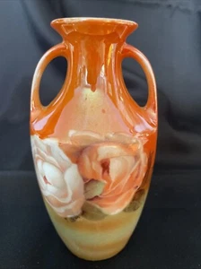 Vintage RS Poland China 5 1/2” Vase~Peach Roses on Orange & Green Luster - Picture 1 of 13