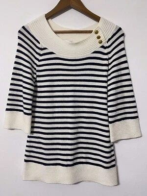 Camiseta para mujer CAbi talla M beige/negro rayas manga 3/4 botones #2280 Foto 1 de 4