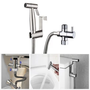 Bathroom Stainless Steel Bidet Sprayer Shattaf Toilet Brass T-Adapter & Hose Kit - Picture 1 of 10