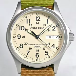 SEIKO ALBA FIELD GEAR Military Watch V743-8000 1996 Khaki Day-Date Luminous - Picture 1 of 11