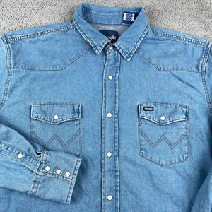 Wrangler Shirt Mens 2XL XXL Blue Denim Pearl Snap Western Rodeo Cowboy Casual - Picture 1 of 12