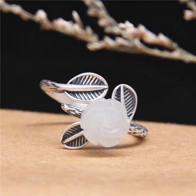 B25 Anello Rosa Fiore Di Bianca Giada Ramo di Fiori 990 Argento Fine Regolabile - Immagine 1 di 4