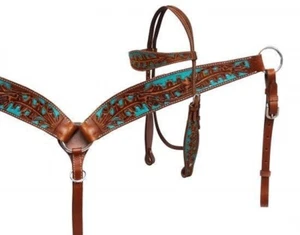 Western Horse Leather Headstall & Breast Collar Tack Set Free Ship - Picture 1 of 1