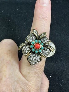 Anillo de Oro Vintage M-7102 M-7102 Estrás Coral Estrás Turquesa Talla 8 - Imagen 1 de 8