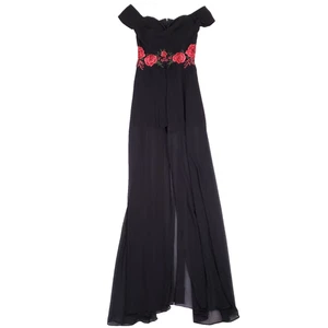 B Darlin Romper Maxi Overlay Off Shoulder Sz 1 Black Embroidered Floral Femcore - Picture 1 of 12