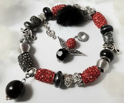Pandora Armband Silber mit european Charms Rot  Strass FRAU Puschel Tango    - Bild 1 von 4