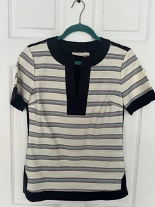 NWT Tory Burch Zora Tee Stripe Plunge Neckline Cotton Linen Top Size XS - Picture 1 of 9
