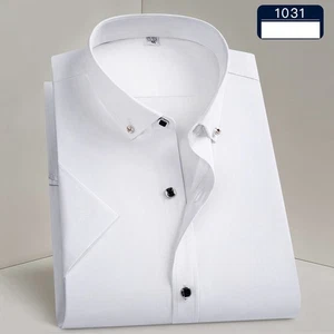 Camisas de vestir para hombre mangas cortas negocios sin hierro diamante botón camisas informales - Imagen 1 de 13