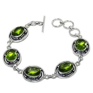 925 Sterling Silver Green Peridot Gemstone Handmade Jewelry Bracelet Size-8" - Picture 1 of 3