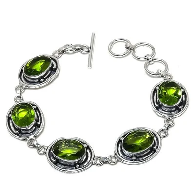 925 Sterling Silver Green Peridot Gemstone Handmade Jewelry Bracelet Size-8" - Image 1 of 3