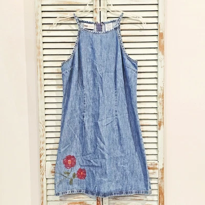 FADED GLORY FLORAL EMBROIDERED DRESS Girl XL 14-16 Med Wash Denim Boho Chambray - Image 1 of 4