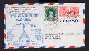 Burma 1953 Rangoon First Flight to Beirut Lebanon FFC Pan American World Airways - Picture 1 of 2