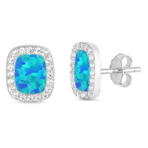 Halo Blue Opal & Cz Princess Cut Stud .925 Sterling Silver Earrings - Picture 1 of 2