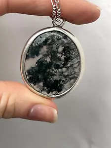 GORGEOUS 925 SOLID STERLING SILVER LARGE MODERNIST MOSS AGATE PENDANT 16" CHAIN - Picture 1 of 14