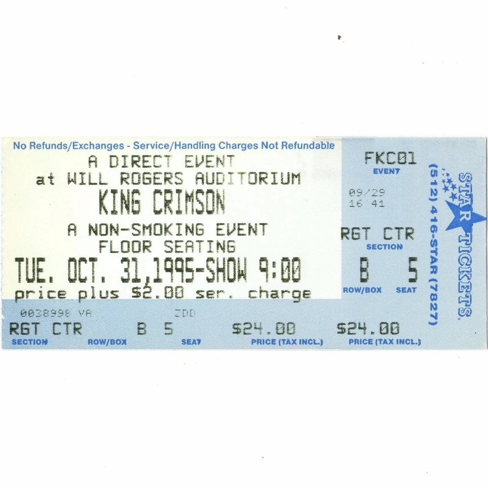 Boleto de concierto KING CRIMSON FT VALOR TX 31/10/95 HALLOWEEN THRAK Tour Raro Foto 1 de 1
