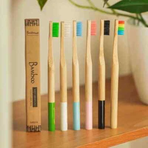 Bamboo Adult Toothbrushes 4 Pack | Multiple Colors | Round Handle | BPA Free - Picture 1 of 15