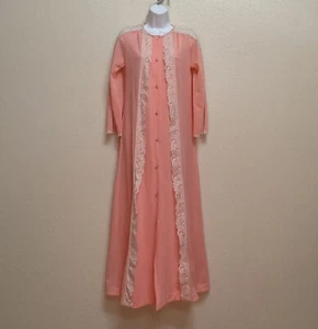 Vtg GOSSARD Artemis Peach Pink Nylon Housecoat Robe Petite S ivory lace trim - Picture 1 of 9