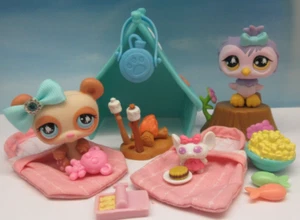 LITTLEST PET SHOP #924 925 UNORDENTLICHSTE LILA EULE & HELLBRAUNER PANDA CAMPING SET KOMPLETT - Bild 1 von 12