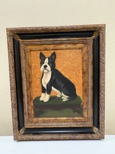 Fine Boston Terrier Dog Painting Vintage Signed w Carved Wood Frame 24x20 - Picture 1 of 23